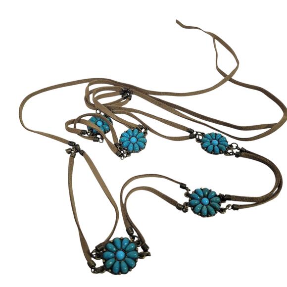 Vintage Turquoise Leather Chain Belt Western Cowgirl Medallion Concho One Size - Picture 13 of 14